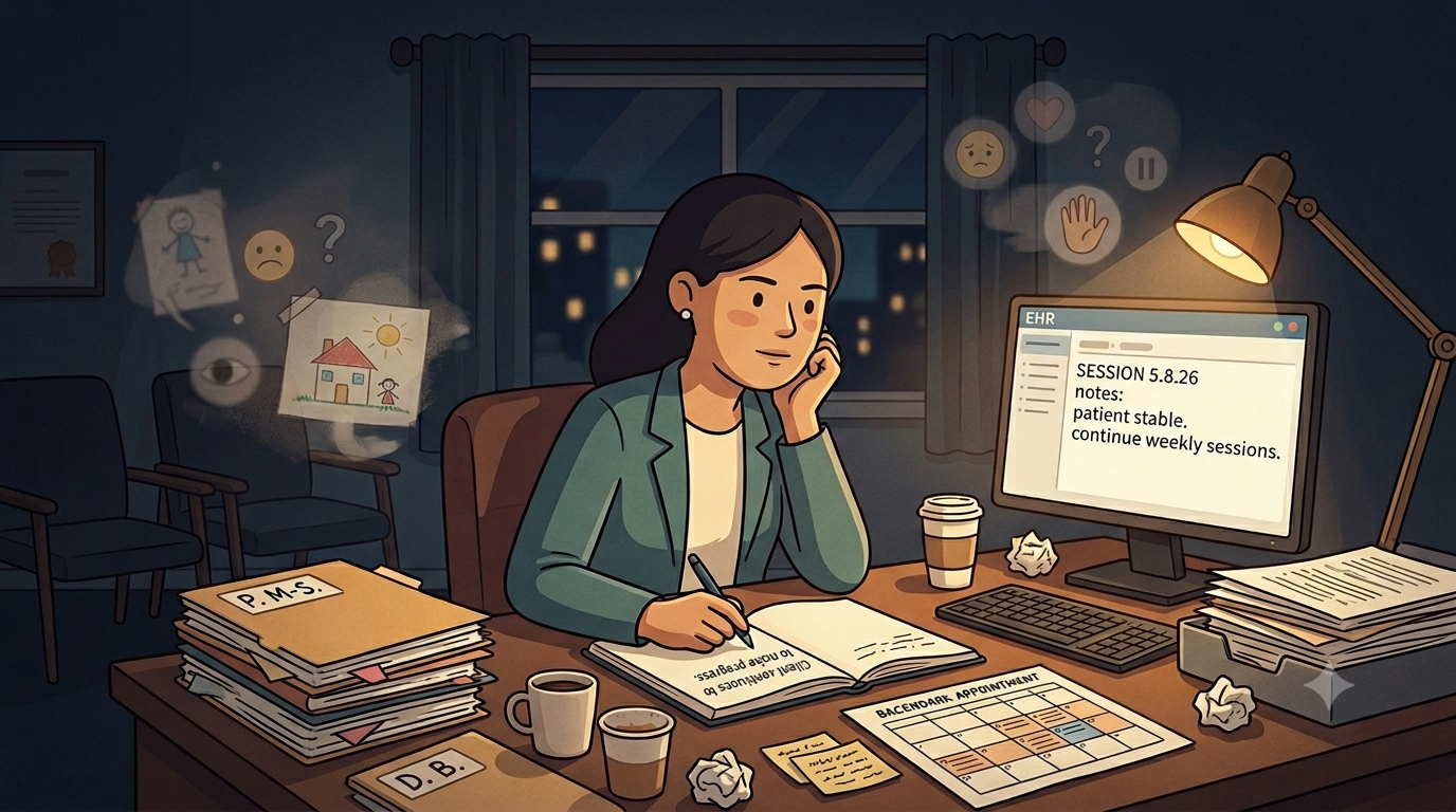 Illustration of a therapist documenting later at night, writing a sparse compressed clinical note at a desk lit by a single lamp.