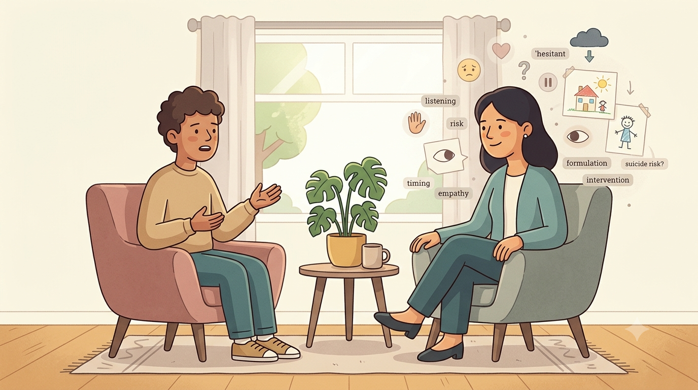 Illustration of an active psychotherapy session — two people seated across from one another, with surrounding cues suggesting many simultaneous therapeutic processes and ambiguous signals.